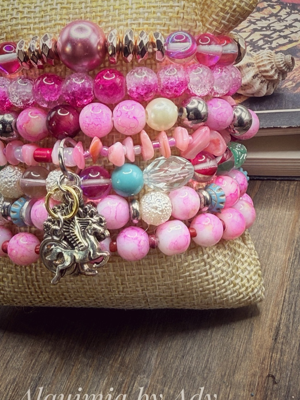 AGATE + QUARTZ Hot Pink Multi-Strand Beaded Bracelet Set with Pegasus Charm - Picture 2 of 9